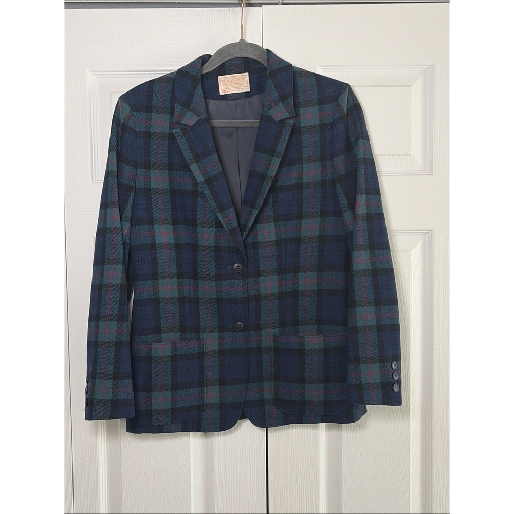 Pendleton Vintage Plaid Blazer Womens Size 8 Blue Green Wool Tartan Jacket